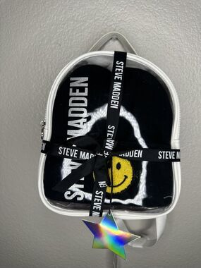 Steve Madden Backpack Gift Bag Womens Mini White Bag Smiley Face + Pink Beanie